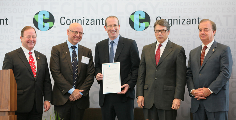 Cognizant President Gordon Coburn presenting a three-year, $150,000 STEM grant to Texas A&M University; (from left) Congressman Bill Flores, Dr. Michael Pishko of Texas A&M, Gordon Coburn, Texas Governor Rick Perry, and Texas A&M Chancellor John Sharp